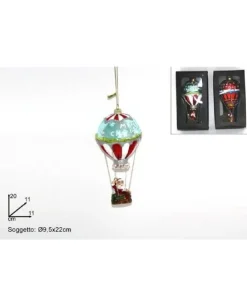 Addobbo Appendino Mongolfiera In Vetro Con Babbo Natale 20Cm