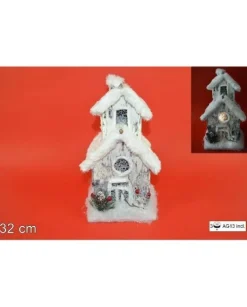 Addobbo Casa Doppio Tetto Con Luce E Pelliccia Effetto Neve 32 Cm
