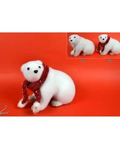Addobbo Di Natale Orso Polare Seduto Con Sciarpa Rossa 16X14X21Cm