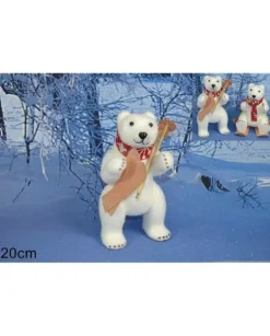 Addobbo Orso Polare Bianco Su Sci Con Sciarpa Juta 20Cm