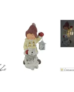 Bimbo In Ceramica Con Orsetto E Lanterna Con Luci