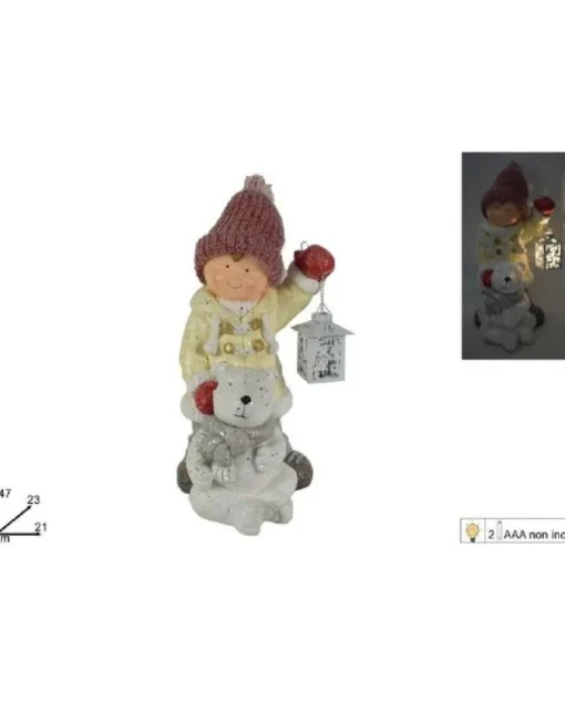 Bimbo In Ceramica Con Orsetto E Lanterna Con Luci