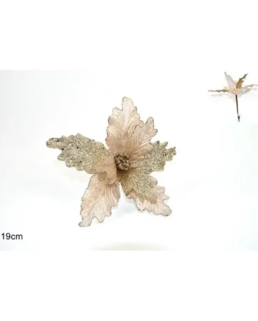 Fiore Beige Velluto Con Foglie Glitterate Con Pinzetta 19 Cm