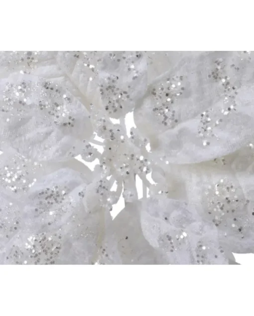 Fiore Poinsettia Bianca Su Clip Poliestere Glitter