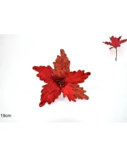 Fiore Rosso Velluto Con Foglie Glitterate Con Pinzetta 19 Cm