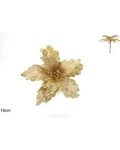 Fiore Velluto Dorato Con Foglie Glitterate Con Pinzetta 19 Cm