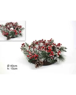 Girocandela Innevato Con Bacche E Pigne Diamentro 40 Cm H 15 Cm