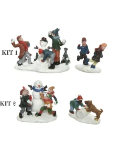 1Kit Figure Natalizie In Poliresina Bimbi E Pupazzo Di Neve