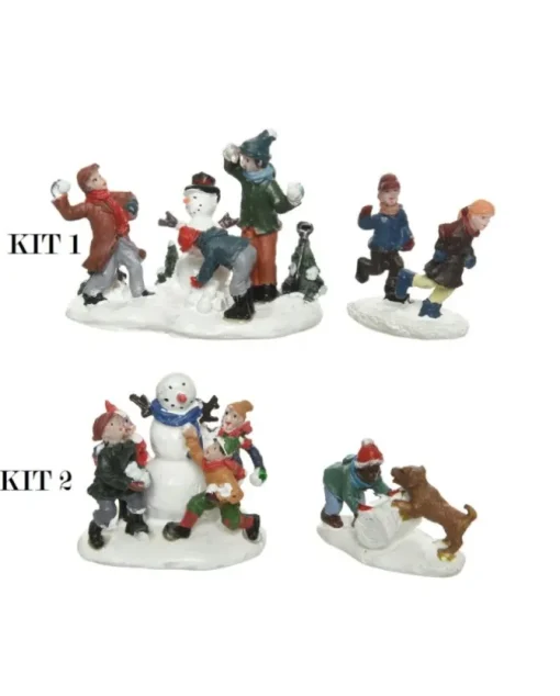1Kit Figure Natalizie In Poliresina Bimbi E Pupazzo Di Neve