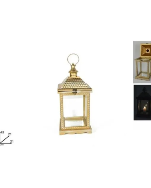 Lanterna In Legno E Vetro Color Oro Antico 45 Cm