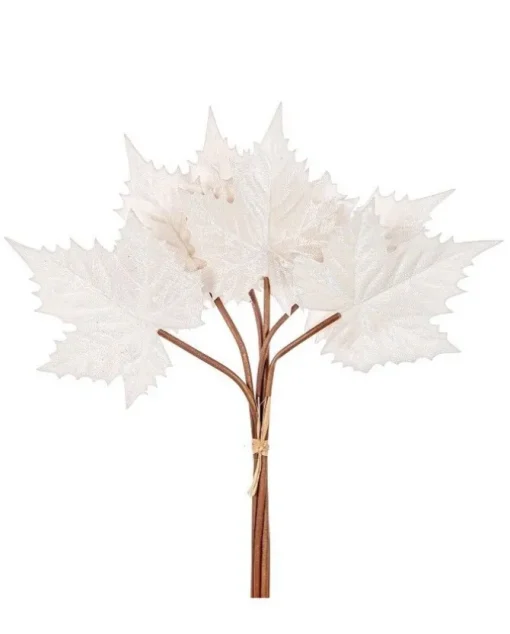 Mazzo 6 Foglie Acero Velvet 57Cm Bianco Per Decorazioni Di Natale
