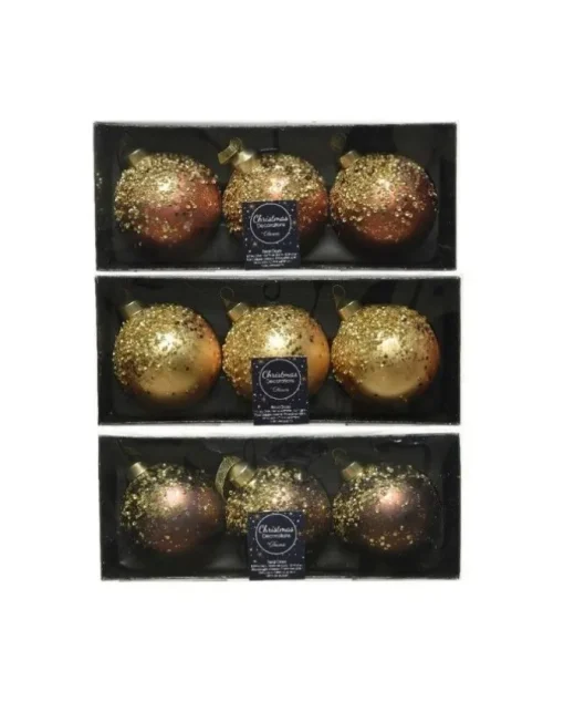Pallina Di Vetro Decorata Oro 80Mm 3Colori 3Pz Per Albero Di Natale