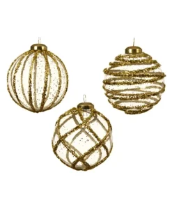 Pallina In Vetro Trasparente Con Decoro Dlitter Oro 3Ass