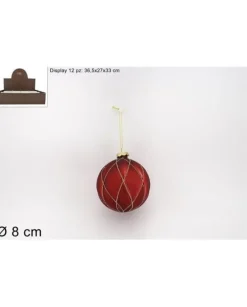Pallina Sfera Di Vetro Con Rombi Rossa O8Cm Per Albero Di Natale