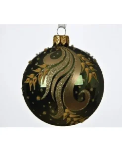 Pallina Sfera Di Vetro Decorata A Mano Verde Pino 80Mm 6Pz Per Albero Di Natale
