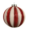Pallina Sfera Di Vetro Decorata Rossa E Bianca 80Mm 3Pz Per Albero Di Natale