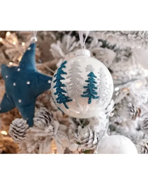Pallina Sfera Di Vetro Decorata Bianco - Argento 80Mm 3Pz