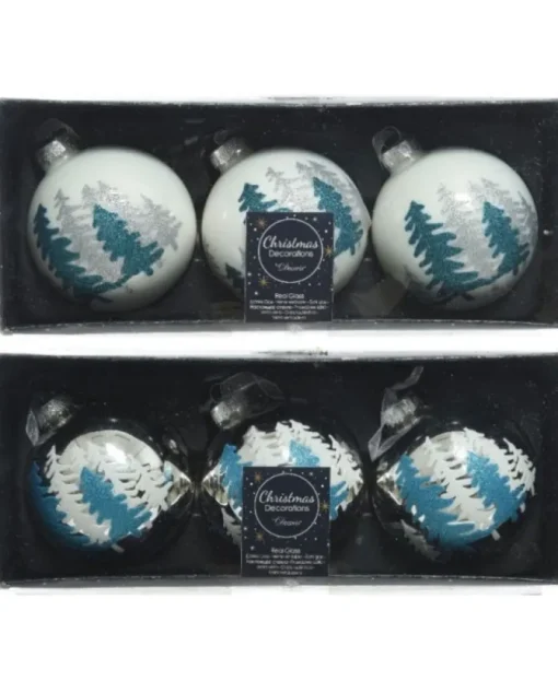 Pallina Sfera Di Vetro Decorata Bianco - Argento 80Mm 3Pz
