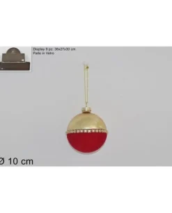 Pallina Sfera Di Vetro Oro Con Velluto Rosso 100Mm 9Pz Per Albero