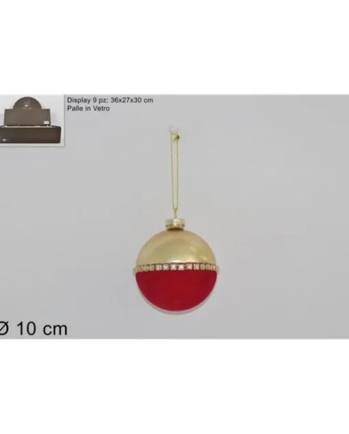 Pallina Sfera Di Vetro Oro Con Velluto Rosso 100Mm 9Pz Per Albero