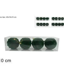 Palline Sfere Di Plastica Verde Floccate O10Cm Per Albero Di Natale 4Pz