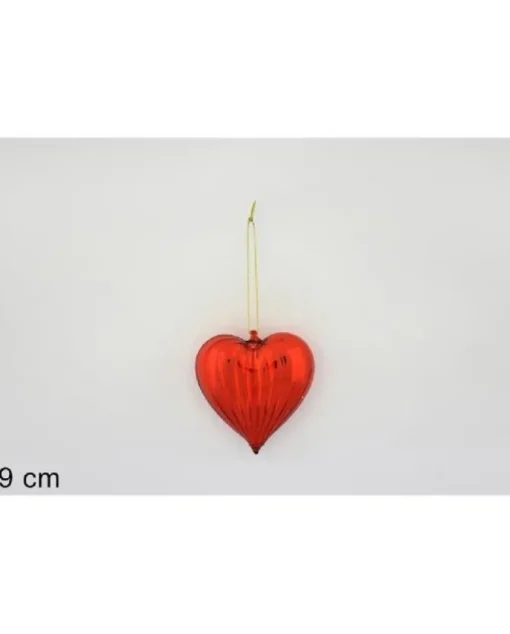 Pendente Di Vetro Cuore Rigato Rosso 9Cm Per Albero Di Natale