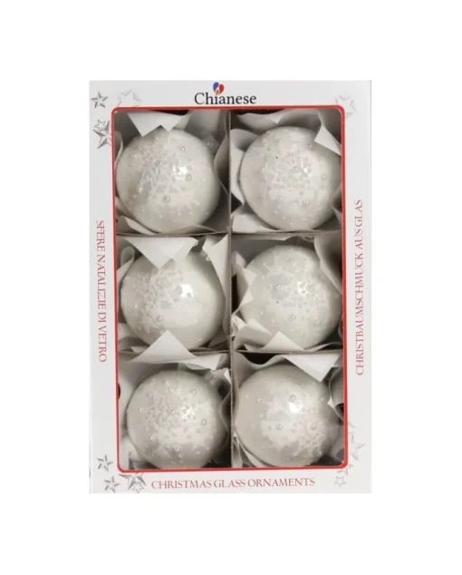 1Pz Pallina Di Vetro Decorata A Mano Bianco Lucido 80Mm