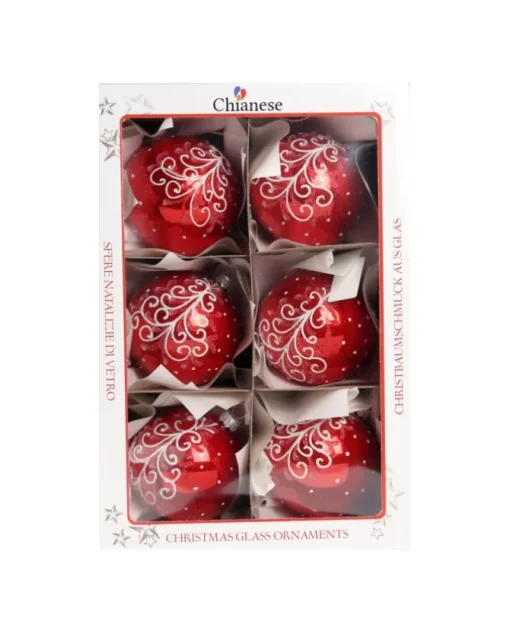 1Pz Pallina Di Vetro Decorata A Mano Rosso Lucido 80Mm