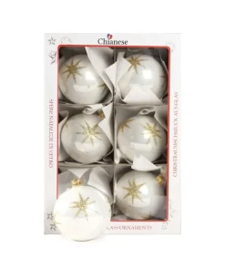 1Pz Pallina Di Vetro Decorata A Mano Bianco Lucido 80Mm