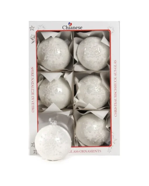 1Pz Pallina Di Vetro Decorata A Mano Bianco Lucido 80Mm