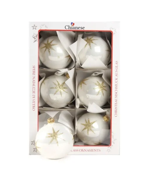 1Pz Pallina Di Vetro Decorata A Mano Bianco Lucido 80Mm