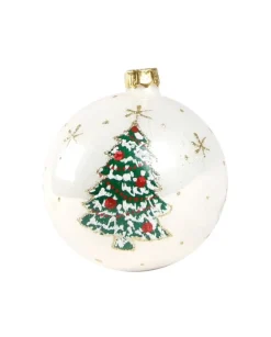 1Pz Pallina Di Vetro Decorata A Mano Bianco Lucido 80Mm