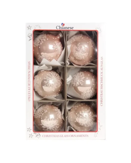 1Pz Pallina In Vetro Decorata A Mano Rosa Lucido 80Mm