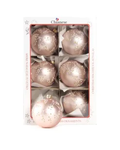 1Pz Pallina In Vetro Decorata A Mano Rosa Opaco 80Mm