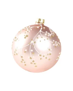 1Pz Pallina In Vetro Decorata A Mano Rosa Opaco 80Mm