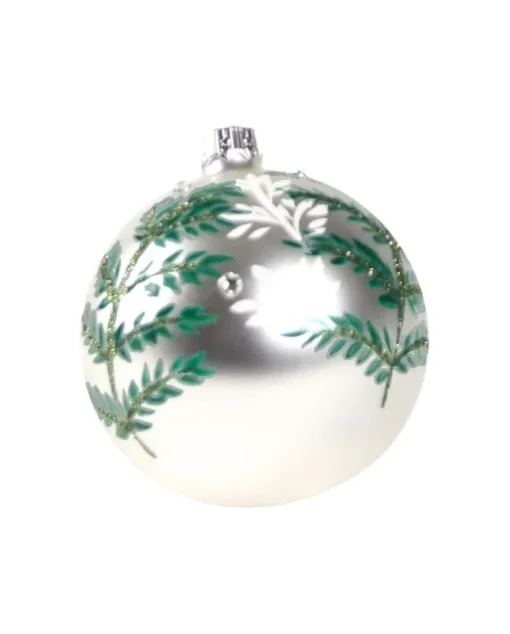 1Pz Pallina In Vetro Decorata A Mano Argento Opaco 80Mm