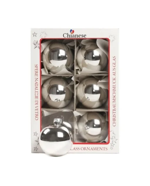 1Pz Pallina In Vetro Tinta Unita Argento Lucido 60 Mm