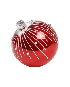 1Pz Pallina Sfera Di Vetro Decorata A Mano Rosso Lucido 80Mm