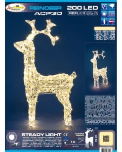 Renna Di Cristalli Acrilico 200 Led Bianco Caldo 3D