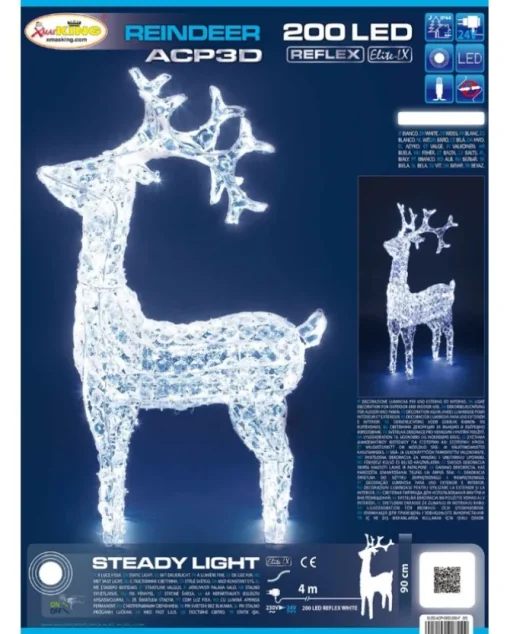 Renna Di Cristalli Acrilico 200 Led Bianco 3D
