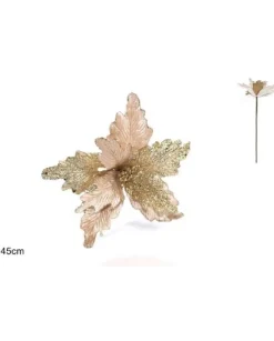 Stelo 45 Cm Con Fiore Velluto Con Foglie Glitterate Beige